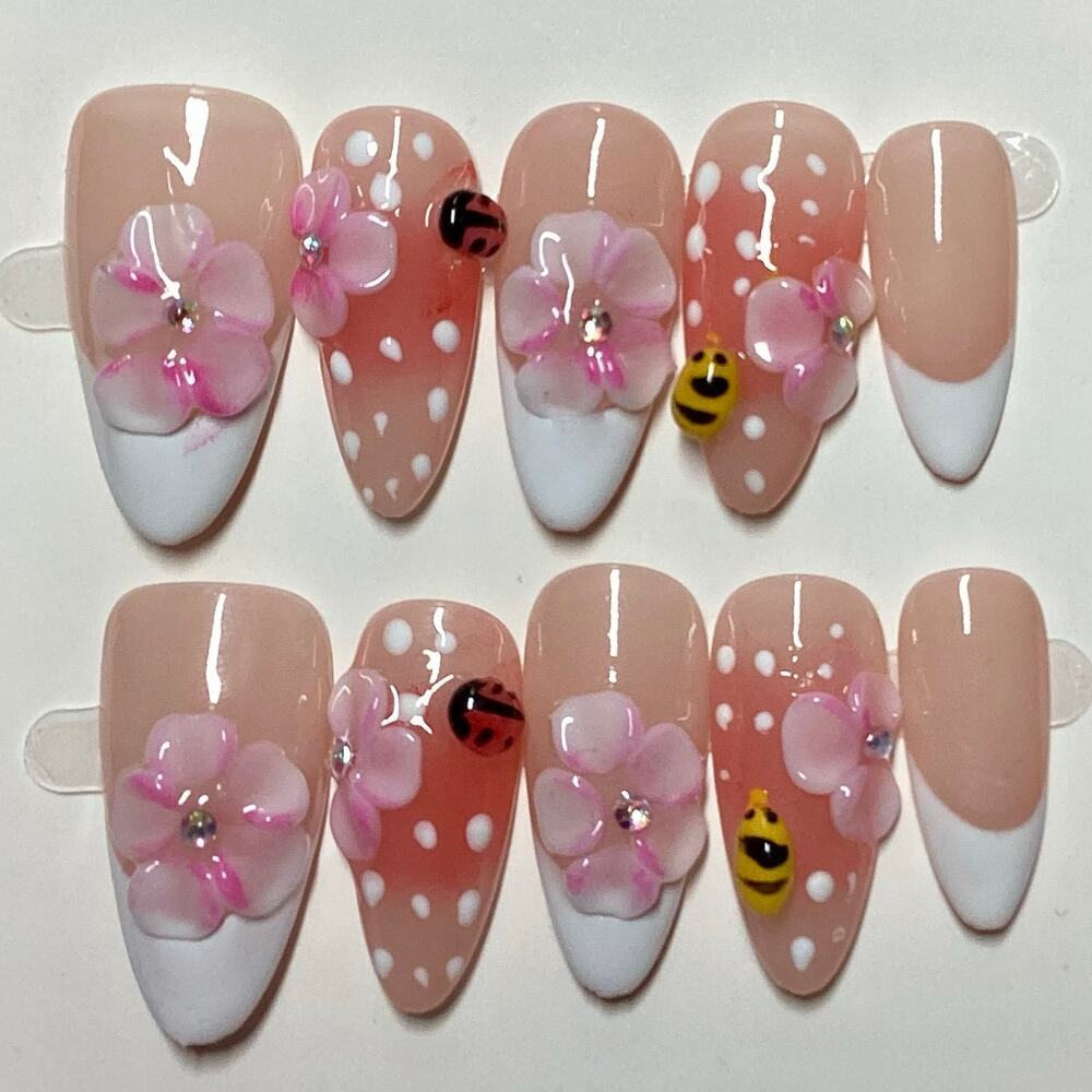 3D Flower Ladybug Bee Polka Dot Aura French Tip Almond Press-On Nails Small